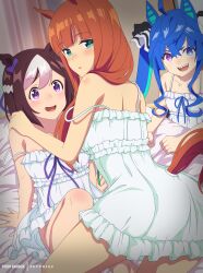 Rule 34 | 3girls, absurdres, ahoge, animal ears, aqua hair, blue eyes, blue hair, blunt bangs, blush, bob cut, bow, brown hair, chemise, commentary, ear ribbon, english commentary, english text, eufoniuz, green eyes, hachimaki, hair ribbon, hand on another&#039;s shoulder, headband, heterochromia, highres, horse ears, horse girl, knee up, kneeling, leaning forward, lingerie, long hair, looking at another, looking at viewer, looking back, mixed-language commentary, multicolored hair, multiple girls, on bed, orange hair, parted lips, purple eyes, ribbon, sharp teeth, sidelocks, silence suzuka (umamusume), sitting, special week (umamusume), straight hair, strap slip, streaked hair, teeth, twin turbo (umamusume), twintails, two-tone hair, umamusume, underwear, watermark, white hair, white headband, white ribbon