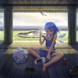 Rule 34 | 1girl, :&lt;, adapted costume, ahoge, bad hands, bare legs, bare shoulders, barefoot, blue eyes, blue hair, can, cirno, cloud, drink can, fang, fence, food, frozen, hand fan, highres, hot, ice, ice wings, kedama (touhou), looking at viewer, matching hair/eyes, mosquito coil, mouth hold, navel, off shoulder, one eye closed, pond, popsicle, reflection, shoes, short hair, shorts, sitting, sky, soda can, solo, strap slip, sweat, tail, touhou, unworn shoes, wings, wink, zhengyifan7