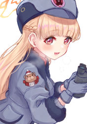 Rule 34 | 1girl, absurdres, binoculars, blonde hair, blue archive, coat, gloves, halo, hat, heavy breathing, highres, long hair, looking at viewer, nodoka (blue archive), open mouth, red eyes, simple background, solo, take-run-atelier, white background, winter clothes, winter coat