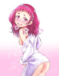 Rule 34 | 1girl, ass, blush, breasts, covering privates, covering one breast, dress shirt, gradient background, highres, hugtto! precure, kaatsu katsurou, long hair, looking at viewer, naked shirt, nono hana, off shoulder, open clothes, open mouth, open shirt, pink background, pink eyes, precure, red hair, shirt, sideboob, small breasts, solo, sweatdrop, wavy mouth, white background, white shirt