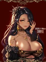 Rule 34 | 1girl, 2020, areola slip, bare shoulders, black flower, black hair, breasts, dark-skinned female, dark skin, detached sleeves, earrings, flower, glint, gold, gold earrings, hair flower, hair ornament, highres, jewelry, large breasts, long hair, looking at viewer, mad kimo, mole, mole on breast, mole under eye, original, red background, ring, shiny skin, signature, simple background, solo, upper body, yellow eyes