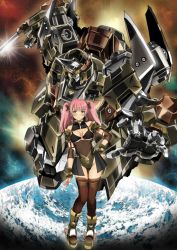 Rule 34 | 1girl, bad id, bad pixiv id, bikini, bikini top only, blush, breast cutout, breasts, clenched hand, garimpeiro, glowing, glowing eyes, green eyes, hand on own hip, highres, horns, leotard, looking at viewer, mecha, medium breasts, open hand, original, pink hair, robot, single horn, swimsuit, thighhighs, twintails, wrist blades, yellow eyes
