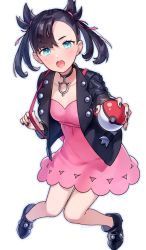 Rule 34 | 1girl, ai kusunoki, ankle boots, aqua eyes, asymmetrical bangs, black choker, black footwear, black hair, black jacket, black nails, blush, boots, choker, collarbone, commentary, creatures (company), dress, earrings, eyelashes, game freak, hair ribbon, highres, holding, holding poke ball, holding strap, jacket, jewelry, knees together feet apart, looking at viewer, marnie (pokemon), nail polish, nintendo, open clothes, open jacket, open mouth, pink dress, pink ribbon, poke ball, poke ball (basic), pokemon, pokemon swsh, ribbon, solo, strap, tongue, white background
