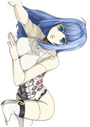 Rule 34 | 00s, 1girl, @ @, android, bad id, bad pixiv id, bare shoulders, blue eyes, blue hair, doll joints, joints, kos-mos, long hair, lying, matching hair/eyes, on stomach, solo, sonou, thighhighs, xenosaga