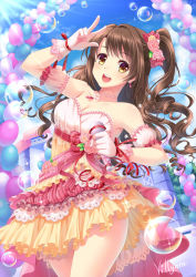 Rule 34 | 10s, 1girl, bare shoulders, breasts, brown eyes, brown hair, bubble, cleavage, diffraction spikes, gloves, hair ornament, idolmaster, idolmaster cinderella girls, idolmaster cinderella girls starlight stage, long hair, looking at viewer, microphone, one side up, open mouth, shimamura uzuki, side ponytail, smile, solo, v, villyane, white gloves