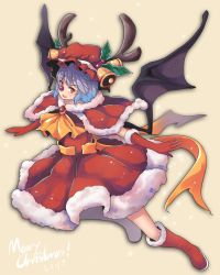 Rule 34 | 1girl, alternate costume, antlers, ascot, bat wings, bell, blue hair, boots, brooch, christmas, elbow gloves, fuente, fur trim, gloves, hat, highres, holly, horns, jewelry, knee boots, merry christmas, mob cap, open mouth, red eyes, red footwear, red gloves, red nose, reindeer antlers, remilia scarlet, ribbon, santa boots, santa costume, santa hat, short hair, smile, solo, touhou, wings