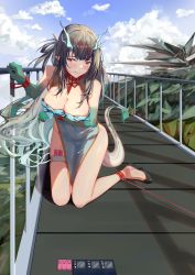 Rule 34 | 1girl, absurdres, areola slip, arknights, bdsm, black footwear, black hair, blue sky, blush, bondage, bondage cuffs, bound, bound ankles, bound wrists, breasts, bridge, cleavage, cloud, cloudy sky, collar, covering privates, covering breasts, dragon girl, dragon horns, dragon tail, dress, dusk (arknights), green dress, green hair, high heels, highres, horns, kneeling, large breasts, multicolored hair, originium (arknights), outdoors, qaq baiguang, railing, red collar, red eyes, sex toy, sky, slave, solo, streaked hair, tail, thigh strap, vibrator, vibrator cord, vibrator in thigh strap, vibrator under clothes