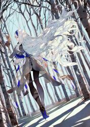 Rule 34 | 1girl, birch tree, black pantyhose, blue eyes, cape, colored shoe soles, day, dress, dutch angle, floating hair, forest, fringe trim, from behind, full body, grey cape, grey dress, hairband, high heels, highres, holding, holding staff, insect wings, long hair, long sleeves, looking at viewer, looking back, nature, original, outdoors, pantyhose, profile, shinkami hiroki, shoe soles, solo, staff, thighhighs, transparent wings, tree, very long hair, walking, white hair, wings