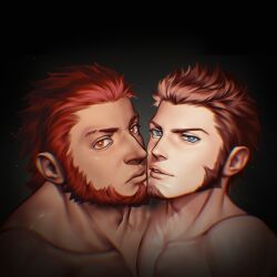 Rule 34 | 2boys, absurdres, bara, beard, blue eyes, bright pupils, brown hair, collarbone, commission, dark, facial hair, fate/grand order, fate (series), goatee, highres, imminent kiss, iskandar (fate), long sideburns, male focus, mature male, multiple boys, muscular, muscular male, napoleon bonaparte (fate), nude, pectorals, red eyes, red hair, second-party source, short hair, sideburns, thick lips, upper body, waiwai mura, yaoi
