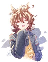 Rule 34 | 1girl, :d, agnes tachyon (umamusume), ahoge, animal ears, black jacket, brown hair, cropped torso, hair between eyes, hand up, horse ears, ittokyu, jacket, long sleeves, looking at viewer, open clothes, open jacket, open mouth, red eyes, signature, sleeves past fingers, sleeves past wrists, smile, solo, sweater vest, umamusume, upper body, white background