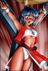 Rule 34 | 1990s (style), 1girl, armpits, arms up, bandeau, bandeau bikini, bdsm, blue hair, blush, bondage, bound, breasts, cuffs, dark-skinned female, dark skin, earrings, fushigi no umi no nadia, gold trim, green eyes, jewelry, jpeg artifacts, loincloth, midriff, nadia la arwall, navel, neck ring, necklace, open mouth, outstretched arms, panties, pelvic curtain, retro artstyle, scared, screaming, shackles, shingyouji tatsuya, short hair, shouting, small breasts, solo, spread arms, strapless, sweat, tube top, underboob, underwear, vest, white bandeau