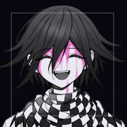 Rule 34 | 1boy, :d, black background, black hair, blood, blood on face, checkered clothes, checkered scarf, closed eyes, danganronpa (series), danganronpa v3: killing harmony, facing viewer, hair between eyes, highres, male focus, oma kokichi, open mouth, pink blood, portrait, sakura ichi, scarf, smile, solo, teeth, two-tone scarf, upper teeth only