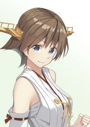 Rule 34 | 1girl, bare shoulders, blue eyes, brown hair, clenched hand, commentary, detached sleeves, hair between eyes, headgear, hiei (kancolle), hiei kai ni (kancolle), highres, japanese clothes, kantai collection, looking at viewer, negahami, nontraditional miko, ribbon-trimmed sleeves, ribbon trim, sarashi, short hair, solo