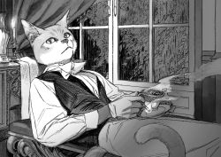 Rule 34 | 1boy, bow, bowtie, candle, candlelight, candlestand, cat boy, cowboy shot, cup, curtains, drink, furry, furry male, gloves, greyscale, highres, holding, holding cup, indoors, jaddddan, long sleeves, looking at viewer, lying, male focus, monochrome, neko no ongaeshi, night, on back, pants, saucer, solo, steam, tail, the baron, vest