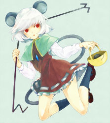 Rule 34 | 1girl, animal ears, basket, capelet, dowsing rod, female focus, full body, highres, jewelry, mouse (animal), mouse ears, mouse tail, nazrin, nightk, pendant, red eyes, short hair, silver hair, simple background, solo, tail, touhou