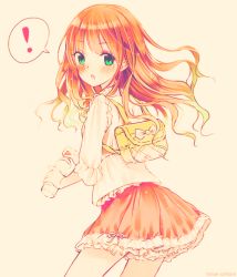 Rule 34 | !, 1girl, artist request, backpack, beige background, breasts, frilled shirt, frills, green eyes, long hair, looking at viewer, looking back, orange hair, orange skirt, shirt, simple background, skirt, solo, spoken exclamation mark, white shirt