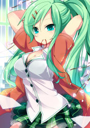 Rule 34 | 1girl, absurdres, aqua eyes, bad id, bad pixiv id, breasts, cleavage, green hair, hair ornament, hairclip, highres, large breasts, long hair, looking at viewer, mouth hold, nyori, original, plaid, plaid skirt, pleated skirt, ponytail, shirt, skirt, solo, taut clothes, taut shirt, tsurime, underwear, very long hair