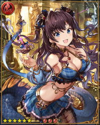 Rule 34 | 10s, 1girl, blue eyes, blue skirt, breasts, brown hair, card (medium), cleavage, color switch, earrings, heart, heart necklace, ichinose shiki, idolmaster, idolmaster cinderella girls, jewelry, lamia, long hair, midriff, monster girl, monsterification, necklace, official art, plaid, plaid skirt, scales, shingeki no bahamut, skirt, solo, twintails, two side up