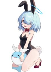 Rule 34 | 1girl, :d, animal ears, arona (blue archive), ayaha 4780828, blue archive, blue eyes, blue hair, bow, bowtie, braid, hair over one eye, halo, high heels, highres, leotard, looking at viewer, open mouth, playboy bunny, rabbit ears, rabbit tail, red bow, red bowtie, red footwear, ribbon, short hair, single braid, smile, solo, tail, whale, white ribbon