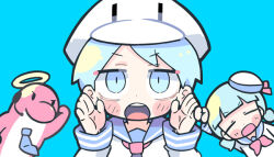 Rule 34 | 1boy, 1girl, animal hat, black eyes, blue background, blue eyes, blue hair, blue necktie, blue sailor collar, blunt bangs, blush stickers, character request, closed eyes, collared shirt, commentary request, copyright request, dolphin, duck hat, fist pump, halo, hand on own head, hat, hat ribbon, headpiece, long sleeves, looking at viewer, low twintails, neckerchief, necktie, open mouth, red neckerchief, red ribbon, ribbon, sailor, sailor collar, sailor hat, sailor shirt, shirt, short hair, short twintails, simple background, solid eyes, straight-on, teeth, terada tera, twintails, upper body, upper teeth only, v-shaped eyebrows, white halo, white headwear, white shirt, white sleeves