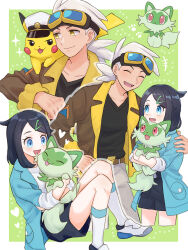 Rule 34 | 1boy, 1girl, :d, belt, belt buckle, black hair, black shirt, black shorts, border, brown belt, brown jacket, buckle, captain pikachu, commentary request, creatures (company), friede (pokemon), game freak, gen 1 pokemon, goggles, goggles on head, green background, hair ornament, hairclip, heart, highres, holding, holding pokemon, jacket, knees, liko (pokemon), mochi (mocchi p 2m), nintendo, open mouth, pants, pikachu, pokemon, pokemon (anime), pokemon (creature), pokemon horizons, shirt, shoes, shorts, smile, socks, sparkle, sprigatito, white border, white footwear, white hair, white socks, yellow eyes