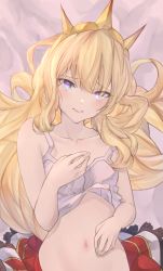 Rule 34 | 1girl, bare shoulders, betabeet, blonde hair, blush, breasts, cagliostro (granblue fantasy), camisole, closed mouth, clothes lift, collarbone, crown, granblue fantasy, hand on own chest, highres, long hair, looking at viewer, lying, navel, on back, purple eyes, red skirt, skirt, small breasts, solo, white camisole