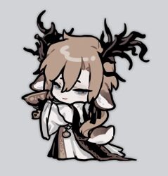 Rule 34 | 1boy, animal ears, antlers, black gloves, black ribbon, black robe, black shawl, bloodborne, blue eyes, brown hair, capelet, chalice, chibi, coat, commentary, cup, deer antlers, deer boy, deer ears, deer tail, from side, full body, gloves, grey background, hair between eyes, hair ribbon, half-closed eyes, holding, holding cup, horns, laurence the first vicar, long hair, long sleeves, looking at viewer, looking to the side, low ponytail, male focus, platinum (o0baijin0o), ribbon, robe, shawl, simple background, smile, solo, standing, symbol-only commentary, tail, white capelet, white coat, wide sleeves