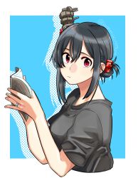 1girl alternate_costume alternate_hairstyle black_hair black_shirt blue_background book border cropped_torso hair_ornament jewelry kantai_collection looking_at_viewer red_eyes ring sagamiso shirt short_hair solo t-shirt two-tone_background upper_body wedding_band white_border yamashiro_(kancolle)