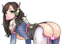 Rule 34 | 1girl, ass, bent over, blowing bubbles, bodysuit, breasts, brown eyes, brown hair, censored, chewing gum, d.va (overwatch), facial mark, looking at viewer, looking back, nago purin, nipples, novelty censor, overwatch, overwatch 1, simple background, small breasts, solo, symbol-shaped pupils, whisker markings, white background