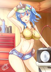 Rule 34 | 1girl, arm support, armpits, bad id, bad pixiv id, bare legs, bare shoulders, blue eyes, blue hair, breasts, brown gloves, can, car, collarbone, cowboy shot, crop top, denim, denim shorts, double sided wrench, energy drink, gloves, hair bobbles, hair ornament, hand on own head, hat, indoors, jewelry, kawashiro nitori, key, key necklace, large breasts, looking at viewer, matching hair/eyes, midriff, monster energy, motor vehicle, navel, necklace, one eye closed, open fly, radio, sayossa (pak-front), screwdriver, short shorts, shorts, solo, standing, stomach, sweat, tank top, taut clothes, thighs, tool kit, toolbox, touhou, two side up, unzipped, vehicle, visor cap, wrench, wristband, zipper