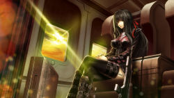 Rule 34 | 1girl, armor, assault rifle, barcode, belt, black hair, black thighhighs, boots, box, breasts, brown eyes, crossed legs, gun, hair ribbon, half updo, highres, interior, jacket, knee boots, large breasts, lens flare, long hair, looking at viewer, metal, nagimaru, original, own hands together, ribbon, rifle, skirt, solo, sun, sunset, thigh strap, thighhighs, weapon