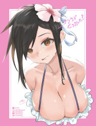 Rule 34 | 1girl, absurdres, bikini, black hair, border, breasts, brown eyes, cleavage, collarbone, commentary request, final fantasy, final fantasy vii, final fantasy vii rebirth, final fantasy vii remake, flower, frilled bikini, frills, hair flower, hair ornament, highres, large breasts, licking lips, official alternate costume, official alternate hairstyle, outside border, pink border, smile, solo, strap, sweat, swimsuit, tifa lockhart, tifa lockhart (shining spirit), tongue, tongue out, wet, xiglin