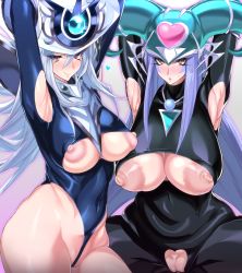 Rule 34 | 2girls, absurdres, armpits, arms behind head, arms up, blush, breasts, covered erect nipples, crotch, crotch cutout, crotchless, duel monster, female focus, hat, highres, huge breasts, kiwi magician girl, large breasts, looking at viewer, magical girl, magician, multiple girls, nipple slip, nippleless clothes, nipples, pussy, silent magician, smile, smirk, yanazuri (kimossari337), yu-gi-oh!, yu-gi-oh! duel monsters