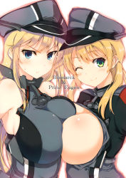 Rule 34 | 10s, 2girls, ;), bare shoulders, bismarck (kancolle), blue eyes, breast press, breasts, breasts out, character name, cleavage, from side, green eyes, hat, highres, huge breasts, kantai collection, long hair, looking at viewer, multiple girls, non-web source, one eye closed, open clothes, open shirt, peaked cap, prinz eugen (kancolle), ro-ga (kurumaya), scan, shirt, smile, sweatdrop, symmetrical docking, twintails