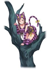 Rule 34 | 1girl, alice in wonderland, all fours, animal hat, bow, breasts, brown hair, cat hat, cheshire cat (cosplay), cleavage, cosplay, dorothy (princess principal), elbow gloves, facial mark, fake tail, fingerless gloves, full body, gloves, hat, highres, in tree, long hair, looking at viewer, official art, paw pose, princess principal, princess principal game of mission, purple eyes, purple gloves, purple legwear, shirt, smile, solo, striped clothes, striped legwear, striped shirt, striped thighhighs, tail, thighhighs, transparent background, tree, whisker markings, yellow bow
