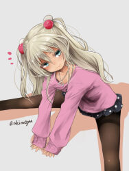 Rule 34 | 1girl, akino shuu, between legs, black skirt, blue eyes, brown hair, brown pantyhose, closed mouth, colored shadow, commentary request, feet out of frame, grecale (kancolle), grey background, hair between eyes, hand between legs, kantai collection, leaning forward, long hair, long sleeves, notice lines, pantyhose, pink shirt, pleated skirt, polka dot, polka dot skirt, puffy long sleeves, puffy sleeves, shadow, shirt, simple background, skirt, sleeves past wrists, smile, solo, thighband pantyhose, twitter username, two side up, very long hair