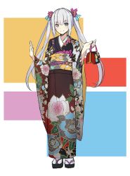 Rule 34 | 1girl, absurdres, chinese commentary, closed mouth, commentary request, floral print, flower, full body, furisode, hair flower, hair ornament, highres, japanese clothes, kagura gumi, kagura mea, kimono, kinchaku, long hair, long sleeves, looking at viewer, multicolored eyes, musyne xsk, obi, obijime, pouch, sandals, sash, sidelocks, silver hair, sketch, smile, standing, tabi, twintails, virtual youtuber, wide sleeves, zouri