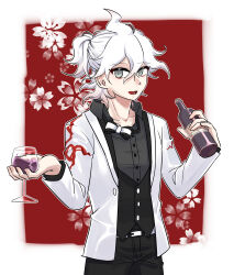 Rule 34 | 1boy, :d, absurdres, ahoge, belt, black bow, black bowtie, black pants, black vest, border, bottle, bow, bowtie, buttons, cowboy shot, cup, danganronpa (series), danganronpa 10th anniversary costume, danganronpa 2: goodbye despair, floral background, green eyes, grey shirt, hair between eyes, hands up, highres, holding, holding bottle, holding cup, jacket, komaeda nagito, layered sleeves, long sleeves, looking at viewer, loose bowtie, male focus, messy hair, one side up, open collar, open mouth, outside border, pants, print jacket, red background, sakuramon, seumol sx, shirt, short hair, smile, solo, suit jacket, vest, waistcoat, wavy hair, white belt, white border, white hair, white jacket
