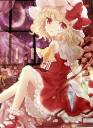 Rule 34 | 1girl, arm support, ascot, back bow, blonde hair, bobby socks, bow, candle, center frills, closed mouth, crescent moon, crystal, curtains, flandre scarlet, flower, foot out of frame, frilled ascot, frilled shirt collar, frilled skirt, frilled sleeves, frills, from side, glowing, glowing wings, hat, hat ribbon, indoors, large bow, light smile, looking at viewer, mary janes, medium hair, mob cap, moon, multicolored wings, one side up, painting (object), puffy short sleeves, puffy sleeves, red eyes, red footwear, red ribbon, red skirt, red vest, ribbon, rose, shirt, shoes, short sleeves, sitting, skirt, skirt set, socks, solo, thighs, touhou, transparent curtains, vest, white bow, white hat, white shirt, white socks, window, wings, yellow ascot, yuki 201