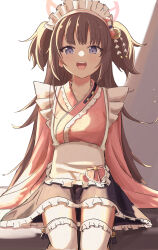 Rule 34 | 1girl, absurdres, apron, bell, blue archive, bow, brown hair, frilled apron, frilled kimono, frilled thighhighs, frills, hair bell, hair bow, hair ornament, halo, highres, japanese clothes, karon (karon cha), kimono, light blush, light particles, long hair, looking at viewer, maid, maid headdress, open mouth, pink kimono, purple eyes, purple kimono, shizuko (blue archive), sitting, solo, thighhighs, two side up, wa maid, waist apron, white thighhighs, wide sleeves
