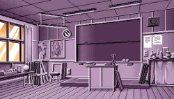 Rule 34 | 1990s (style), 5 jikanme no venus, board eraser, ceiling, ceiling light, chalkboard, classroom, dithering, fairy dust, fluorescent lamp, game cg, indoors, limited palette, lowres, no humans, pc98, pixel art, podium, purple theme, retro artstyle, roomscape, stack bond, statue, tagme, window