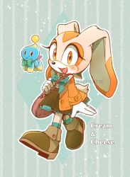 Rule 34 | 1girl, :d, animal ears, animal nose, aqua bow, aqua bowtie, aqua socks, artist name, bag, black eyes, blush, bow, bowtie, brown eyes, brown footwear, brown jacket, brown skirt, buttons, casual, chao (sonic), closed mouth, commentary request, cream the rabbit, english text, eyelashes, full body, furry, furry female, green background, green bow, green bowtie, hand up, handbag, highres, jacket, lapels, layered skirt, long sleeves, looking at viewer, misuta710, open clothes, open jacket, open mouth, pink bag, pleated skirt, rabbit ears, rabbit girl, rabbit tail, shirt, shirt tucked in, shoes, skirt, smile, socks, sonic (series), standing, striped, striped background, tail, twitter username, white shirt
