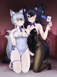 Rule 34 | 2girls, absurdres, alternate costume, animal ears, aqua eyes, arm at side, asymmetrical docking, bare arms, bare shoulders, beleven, big hair, black hair, bow, bowtie, breast on breast, breast press, breasts, card, cerberus (kemono friends), cleavage, commission, covered navel, detached collar, dog ears, elbow gloves, fishnet pantyhose, fishnets, forked eyebrows, full body, furrowed brow, gloves, glowing, glowing hair, gluteal fold, green eyes, groin, hair between eyes, hand up, highleg, highleg leotard, highres, holding, holding card, kemono friends, kneeling, leotard, lizard tail, looking at another, looking at viewer, makami (kemono friends), medium breasts, medium hair, multicolored eyes, multicolored hair, multiple girls, multiple tails, necktie, nervous, pale skin, pantyhose, parted bangs, parted lips, playboy bunny, purple hair, scar, scar across eye, shiny clothes, short hair with long locks, strapless, strapless leotard, tail, thigh strap, traditional bowtie, two side up, watermark, white pantyhose, wolf ears, wolf girl, wolf tail, wrist cuffs, yellow eyes