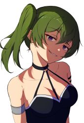 Rule 34 | 1girl, absurdres, arm strap, armband, bare shoulders, black choker, black dress, breasts, choker, clenched teeth, commentary, dress, english commentary, fukaikiri, green hair, hair between eyes, half-closed eyes, highres, jitome, long hair, looking at viewer, medium breasts, o-ring, o-ring choker, parted lips, purple eyes, side ponytail, simple background, smile, solo, sousou no frieren, teeth, textless version, ubel (sousou no frieren), upper body, white background
