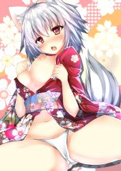 Rule 34 | 1girl, animal ears, blush, breasts, breasts out, chinese zodiac, commentary request, fang, floral background, floral print, highres, inubashiri momiji, japanese clothes, kimono, large breasts, leaf, looking at viewer, looking down, maple leaf, mutou mame, new year, nipples, open mouth, panties, red eyes, short hair, silver hair, solo, tail, touhou, underwear, white panties, wolf ears, wolf tail, year of the dog