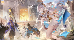 Rule 34 | 1boy, 5girls, armlet, ass, bare legs, bare shoulders, barefoot, black hair, blue skirt, blurry, blurry foreground, bracelet, bug, butterfly, chinese commentary, closed mouth, cloud, cloudy sky, commentary request, copyright request, dark-skinned male, dark skin, day, dress, eyebrows hidden by hair, fantasy, from behind, glint, gold, grass, grey eyes, hair between eyes, highres, holding, holding staff, hourglass, house, insect, jewelry, long hair, looking back, magic, midriff, mixed-language commentary, multiple girls, outdoors, panties, pantyshot, people, red hair, short hair, skirt, sky, sleeveless, sleeveless dress, smile, sparkle, staff, standing, statue, tracyton, underwear, waving, white dress, white hair, white legwear, white panties