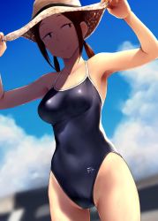 Rule 34 | 1girl, blurry, blurry background, brown eyes, brown hair, cloud, competition school swimsuit, cowboy shot, dutch angle, hat, highres, holding, holding clothes, holding hat, houkago teibou nisshi, kuroiwa yuuki, one-piece swimsuit, school swimsuit, sky, smile, solo, sweat, swimsuit, wa (genryusui)