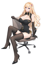 Rule 34 | 1girl, alternate costume, arm support, artist name, black dress, black footwear, black gloves, black thighhighs, blonde hair, blue eyes, braid, breasts, bright pupils, chair, china dress, chinese clothes, chinese commentary, cleavage, cleavage cutout, closed mouth, clothing cutout, commentary request, crown braid, dress, elbow gloves, gloves, hair ornament, high heels, highres, large breasts, legs, light blush, long hair, looking at viewer, office chair, on chair, pumps, richelieu (warship girls r), side-tie dress, simple background, sitting, sitting sideways, solo, swivel chair, thighhighs, very long hair, warship girls r, white background, white pupils, xnnagu