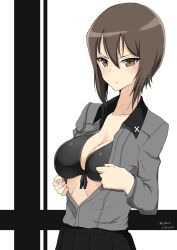 Rule 34 | 10s, 1girl, absurdres, bikini, bikini under clothes, black bikini, black skirt, breasts, brown eyes, brown hair, cleavage, closed mouth, dated, dress shirt, front-tie bikini top, front-tie top, girls und panzer, grey shirt, highres, irukatto, kuromorimine school uniform, light frown, long sleeves, looking at viewer, medium breasts, nishizumi maho, open clothes, open shirt, pleated skirt, school uniform, shirt, short hair, skirt, solo, standing, swimsuit, swimsuit under clothes, twitter username, undressing, upper body