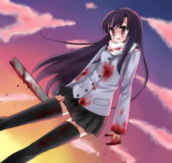 Rule 34 | 00s, 1girl, black skirt, blood, blood on face, blood on hands, holding, holding saw, holding weapon, jacket, saw, scarf, school days, skirt, sky, smile, solo, tagme, thighhighs, weapon
